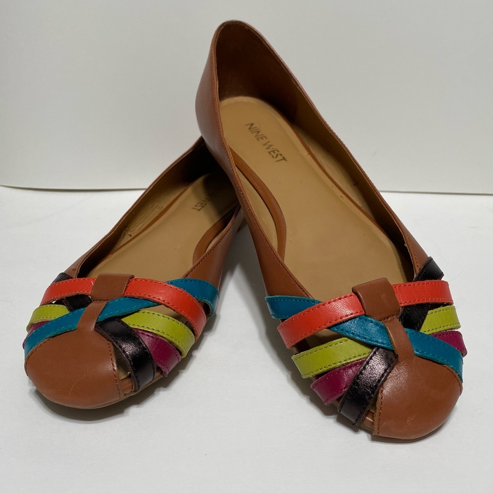 Nine West baller flats brown leather multicolor weave design Size 6.5 M EUC